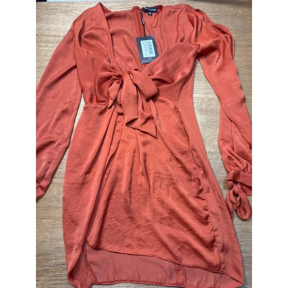 PrettyLittleThing Satin Wrap Dress Womens Size 6 Rust NWT Twist Front Mini